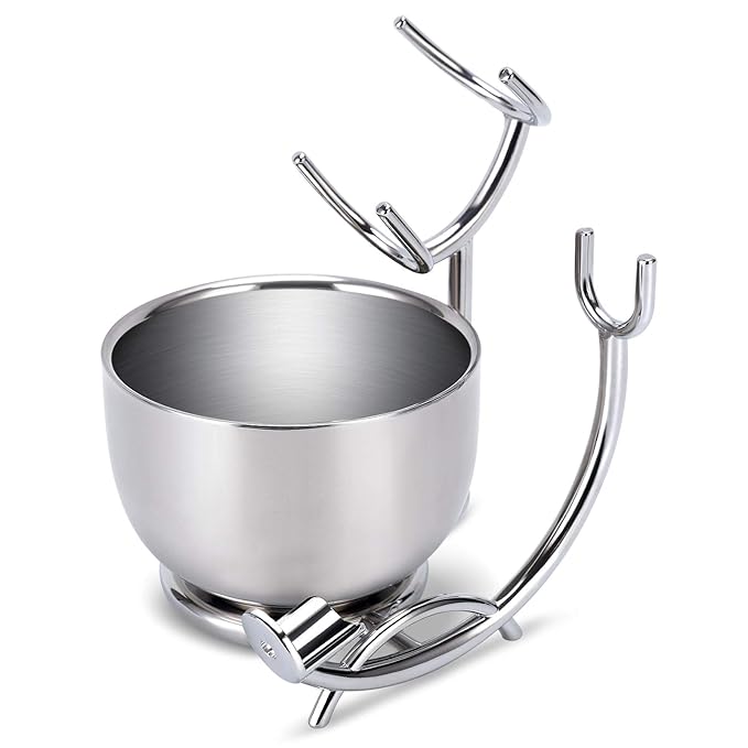 Shaving Stand and Double Stainless Steel Design Shave Soap Bowl - Forms Thick and Foamy Lather Quickly,Unbreakable and Rust Resistant for Smooth Wet Shaving