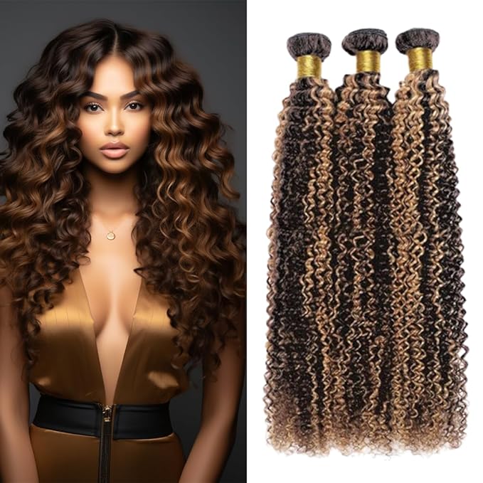 Ombre Kinky Curly Bundles Human Hair P1B/30 Deep Curly Bundles Black and Brown two tone Brazilian Human Hair Wet and Wavy Soft Silky for Black Women 10 12 14 Inch