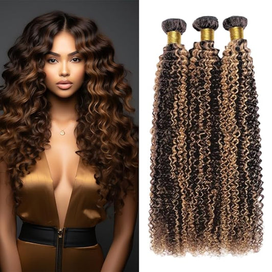 Ombre Kinky Curly Bundles Human Hair P1B/30 Deep Curly Bundles Black and Brown two tone Brazilian Human Hair Wet and Wavy Soft Silky for Black Women 10 12 14 Inch