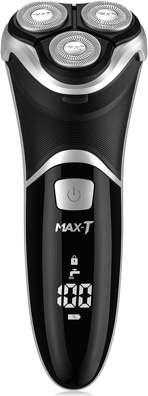 MAX-T Men's Electric Shaver - Corded and Cordless Rechargeable 3D Rotary Shaver Razor for Men with Pop-up Sideburn Trimmer Wet and Dry Painless 100-240V Black (Metal Black)
