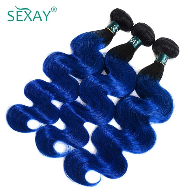 1B/Blue Hair Ombre Brazilian Body Wave 1 Bundle Deal Pre-Colored Remy Human Hair Weaving 2 Tone Ombre Hair 10A Virgin Human Hair Bundles (18", Body 1B/Blue)