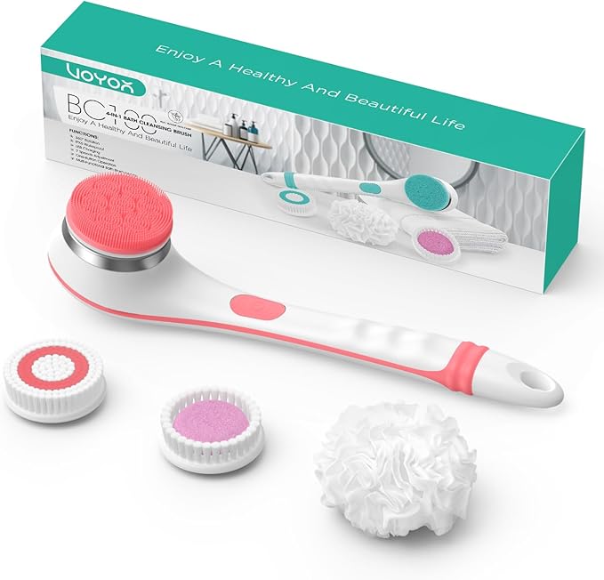 VOYOR Electric Body Brush Back Scrubber for Shower Rechargeable Exfoliating Bath Brush Powered Shower Brush with Non-Slip Long Handle Deep Cleansing, Exfoliation, Massaging Spin Brush BC100 (Pink)