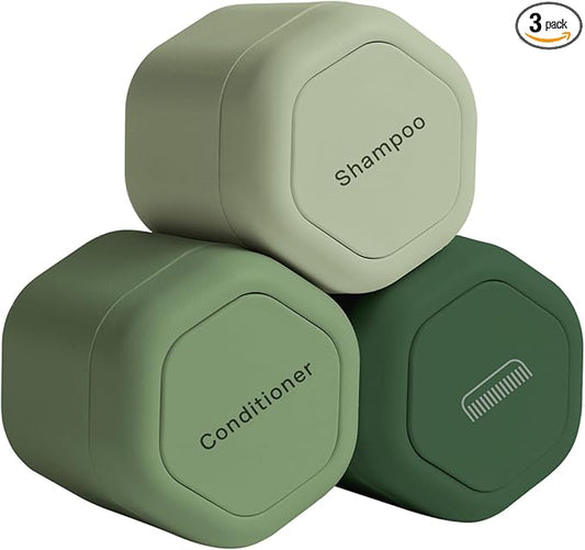Cadence Travel Containers - Haircare Set - Magnetic Travel Capsules - For Shampoo, Conditioner, Hair Styling Product - 3 Flex Mediums (1.32oz) with Shampoo, Conditioner & Comb Icon Labels - Evergreen