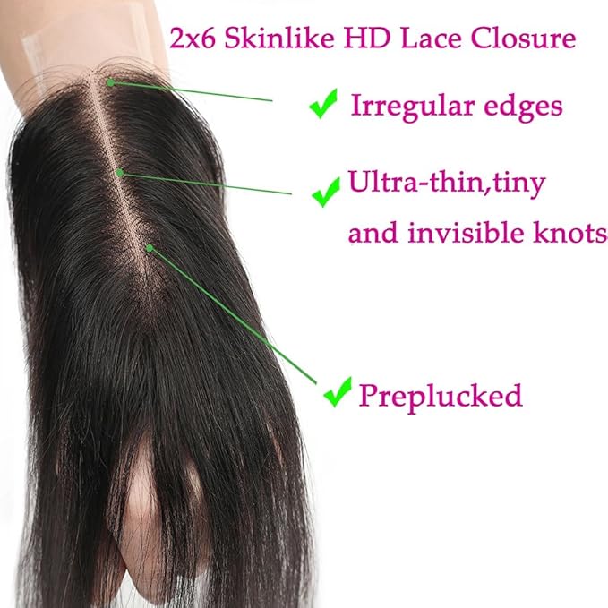 2x6 HD Transparent Skinlike Human Hair Lace Closure Body Wave 16inch 100% Brazilian 2x6 Closure Virgin Human Hair Kim K Middle Part Closure Body Wave Natural Black Glueless Pre Plucked Bleached