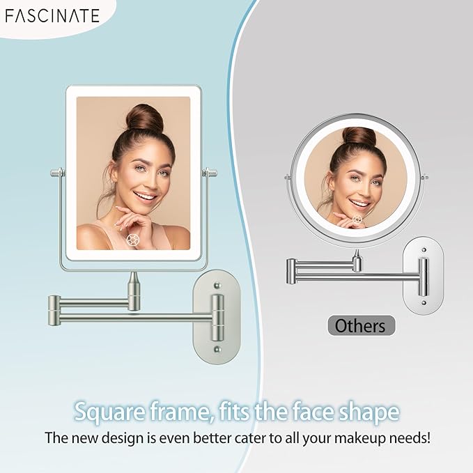 FASCINATE Rechargeable Wall Mounted Makeup Mirror with Lights, Bathroom Mirror Rectangle 8.7 Inch Double Sided 1X 10X Magnifying Mirror with 3 Color Setting Extended Arm 360° Swivel Foldable Bronze
