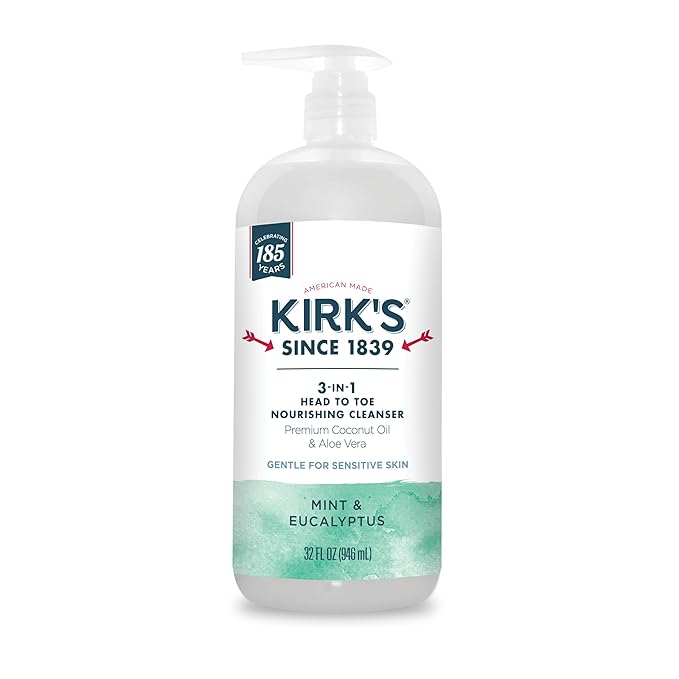 Kirk's 3-in-1 Head to Toe Nourishing Liquid Cleanser - for Men, Women, & Children - Premium Coconut Oil & Aloe Vera - Non GMO & Vegan - Mint and Eucalyptus - 32 Fl Oz.