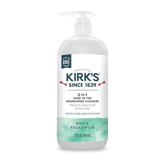 Kirk's 3-in-1 Head to Toe Nourishing Liquid Cleanser - for Men, Women, & Children - Premium Coconut Oil & Aloe Vera - Non GMO & Vegan - Mint and Eucalyptus - 32 Fl Oz.