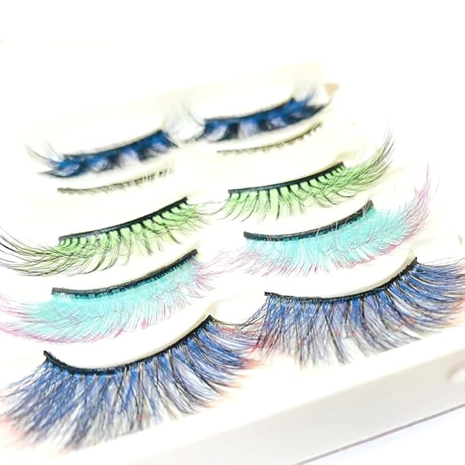 Sunniess Ombre Colored Lashes Silk Protein Fluffy Wispy Volume Fake Lashes for Halloweens Cosplay Party Stage Russian D Curl Lashes with Color Make up Faux Mink False Eyelashes