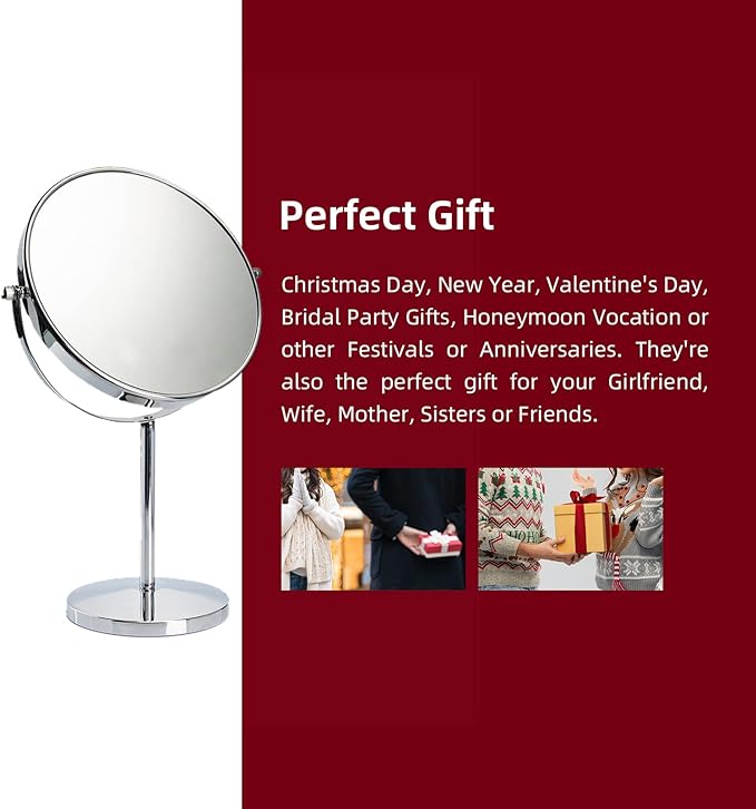 15" Tall Classic Round Desktop Makeup Mirror with Magnification, 8" Large Double-Sided 360° Swivel Free Standing Vanity Mirror, 1X/10X Magnifying Mirror with Stand for Bathroom & Bedroom, No Light