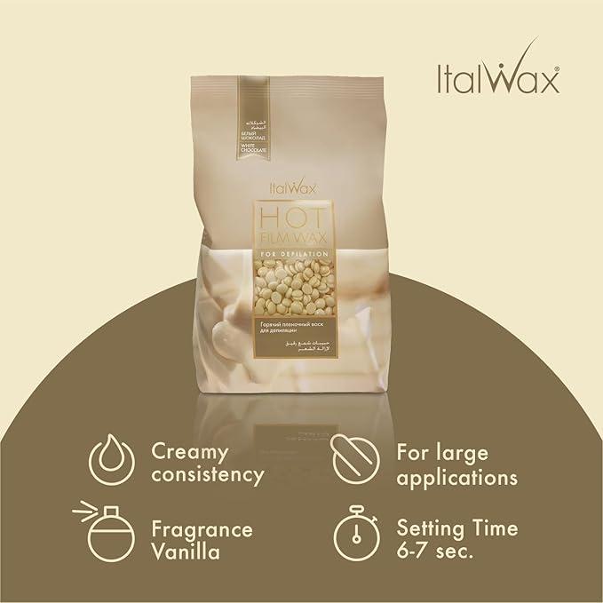 Italwax White Chocolate - 500g / 1.1lb - Hard wax beads for hair removal - Natural formulation ideal for all skin type - Vanilla aroma - Recommended for Bikini Area and Armpits