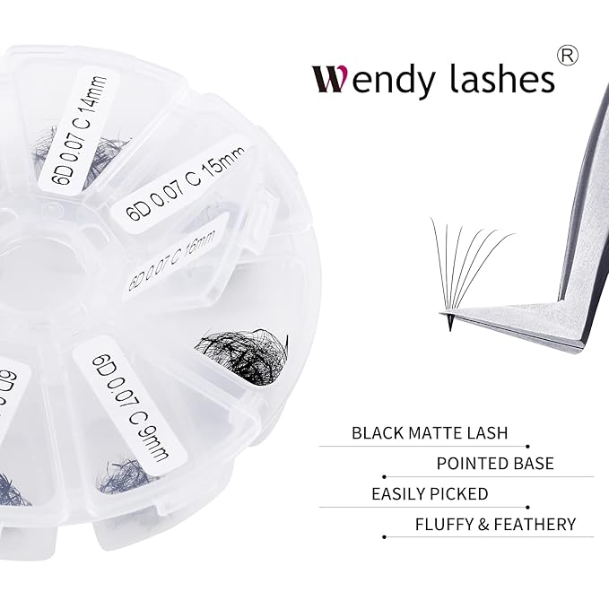 Premade Fans Short Stem 500 PCS 6D Eyelash Extensions 0.07mm C/D Curl 9-16mm Mixed Length WENDY LASHES Russian Volume Pre-made Lash Extension (500PCS-6D-0.07-D, 9-16mm mixed tray)