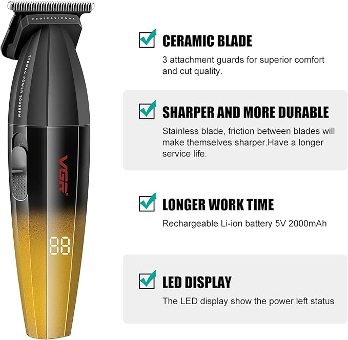 VGR 906 Fresh Fade Professional Hair Trimmer, 9000rpm Zero Gapped Beard Trimmer for Men, DLC T-Blade Cordless Hair Clipper for Barbers and USB Rechargeable, Gold