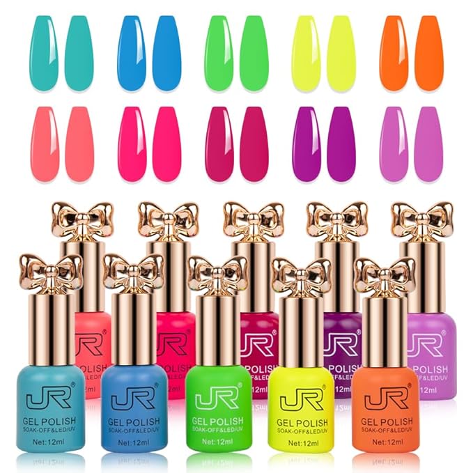 JR Gel Nail Polish 10pcs 0.4oz Neon Gel Nail Polish Set - Vibrant Neon Colors Nail Art Kit for Rave & Summer Festivals, Elegant Bow Bottle Design, Quick Dry & Chip-Resistant Gifts for Women E Model