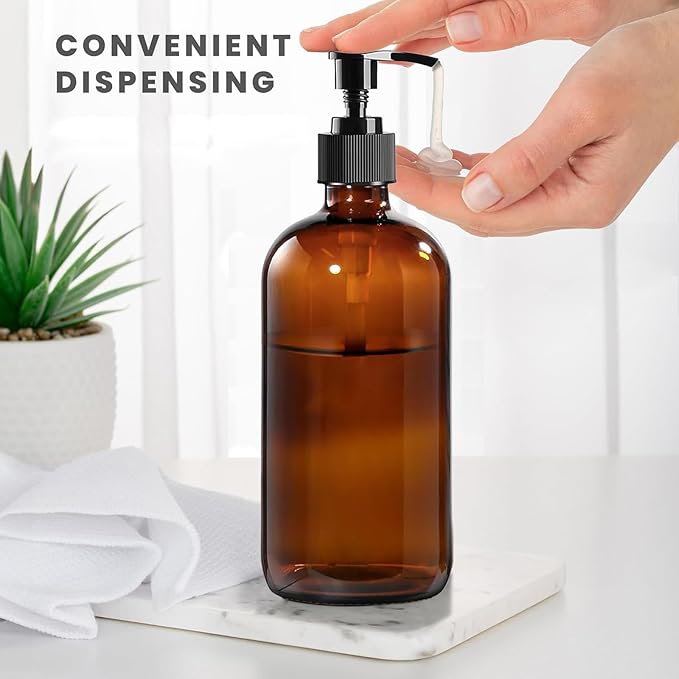 4 Pack 16 oz Amber Glass Bottles with Pumps for Shampoo, Essential Oils, Cleaning Products, Lotions, Aromatherapy Oil, Pump Bottles, Refillable Containers with Cap, 8 Chalk Labels, 1 Pen