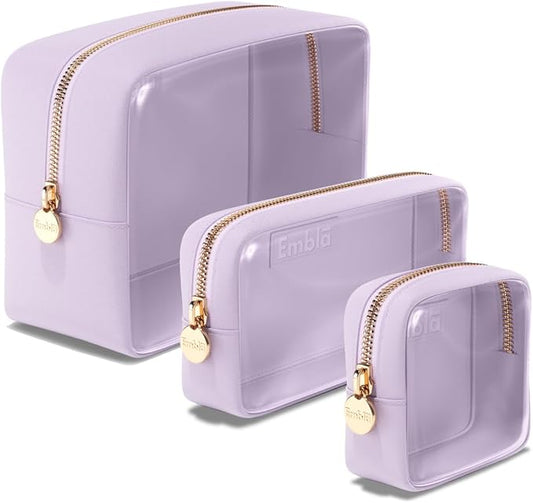 Clear Cosmetic Bags Set of 3, Mini Small Large Makeup Bags For Women Clear Pouch Cosmetics Cases Zipper Cute Pouches Make Up Travel Toiletry Essentials Preppy Purse Organizer Makeup Cases, Lilac