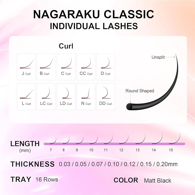 NAGARAKU Eyelash Extensions Individual Lashes 0.07mm D curl 15mm Classic Super Matte Black Soft Natural Faux Mink 16 rows Stable curl