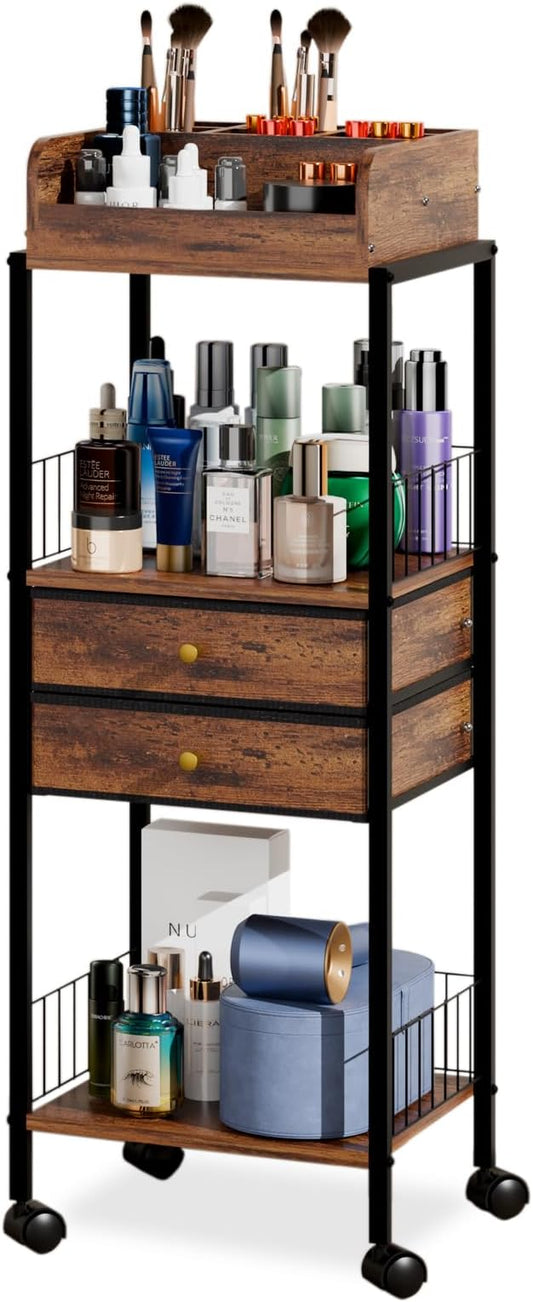 Makeup Organizer Cart Shelf Floor Skincare Organizers Make Up and Station Storage Cabinet For Vanity Standing Cosmetics With Drawers and Wheels For Nail Polish Perfume Hair Tool Beauty(Black)