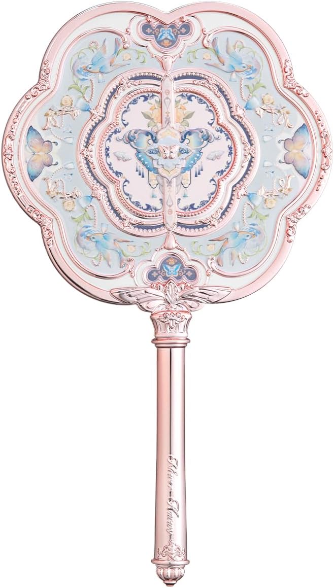 Flower Knows Butterfly Cloud Collar Hand Mirror,Portable Vintage Handheld Mirror,Durable Metal Mirror,Cute & Aesthetic Princess Mirror,with Long Handle for Easy Holding,Gift for Girls(Floral Cyan)