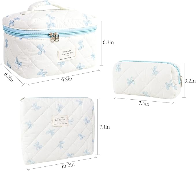 3Pcs Makeup Bag Cotton Quilted Travel Cosmetic Bag Cute Floral Makeup Pouch Large Toiletry Bag for Women Girls (Bow-Blue)