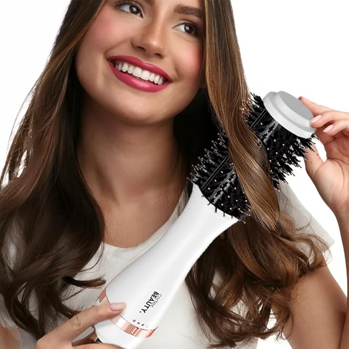 Cortex Beauty Infrared Volumizing Blowout Brush - Blow Dryer, Round Styling Tool for All Hair Types, 2" Barrel with Comb (White Rose Gold)