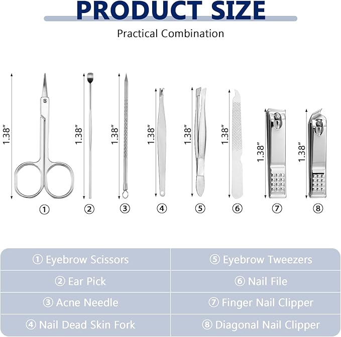 Lasnten 100 Bulk Nail Clipper Set Bulk Manicure Kit Stainless Steel Pedicure Professional Nail Care Kit with Travel Case Portable Grooming for Husband Men Women Family(Black,8 in 1)