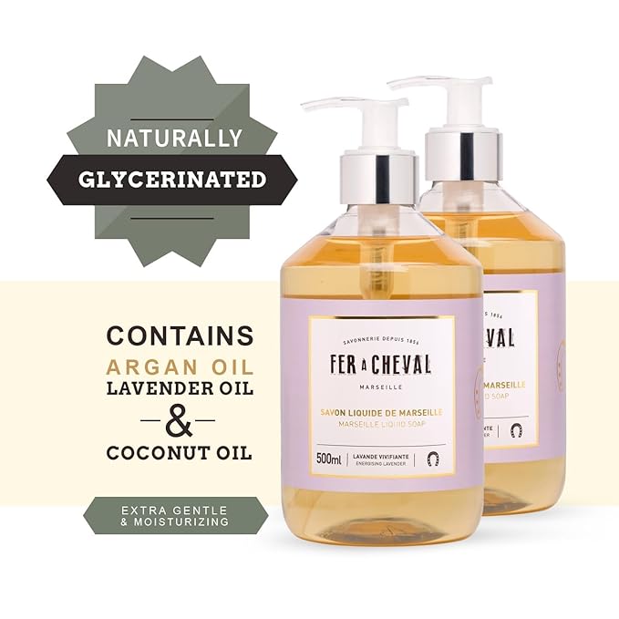 Fer à Cheval Energizing Lavender Marseille Liquid Soap Duo | Argan & Coconut Oil Enriched, Luxurious Lather, Ultra-Hydrating, SLS-Free, Natural Ingredients - Set of 2, 500ml/16.9 f oz