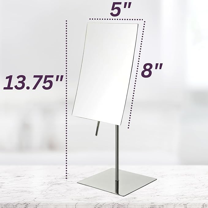 JERDON Rectangular Tabletop Makeup Mirror - 3X Magnification with Polished Stainless Steel Finish - 5-inch by 8-inch Vanity Mirror – Pivot Adjustment - Model JP358C