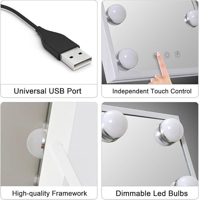 10" x 12" Vanity Mirror with Lights,Portable Travel Mirror with 12 LED Lights Bulbs,Lighted Makeup Mirror with 3 Color Lighting Modes,Mirror with Lights for Makeup Desk ＆ Dressing Room,White