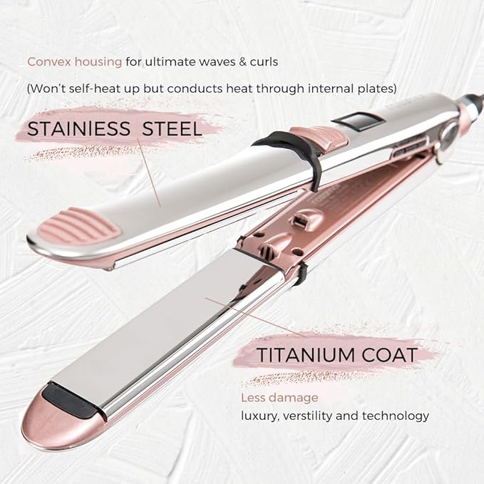 2-in-1 Titanium Ionic Flat Iron,Professional Hair Straightener & Curler, Fast Heating, Dual Voltage, Pink, for All Hair Types
