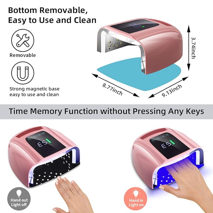 96W Rechargeable UV LED Nail lamp,Cordless Nail Dryer with Removable Stainless Steel Bottom,Professional Curing Lamp for Fingernail and Toenail, Auto Sensor & Quick Dry Nail Machine (Pink)