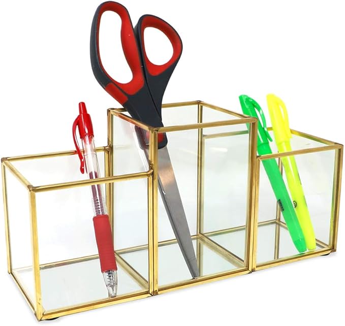 Isaac Jacobs 3-Compartment Makeup Brush Holder, Vintage Style Brass and Glass Organizer, (9.3” L x 3.1" W x 4.5" H) Storage Solution with Mirror Base & Taller Center Slot, for Makeup, Crafts, & More