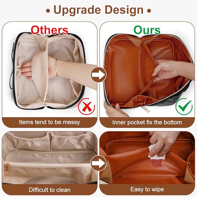 Cessfle Large Capacity Travel Cosmetic Bag Plaid Checkered Makeup Bag Portable Leather Waterproof Skincare Bag with Handle and Divider for Women, 01-Brown