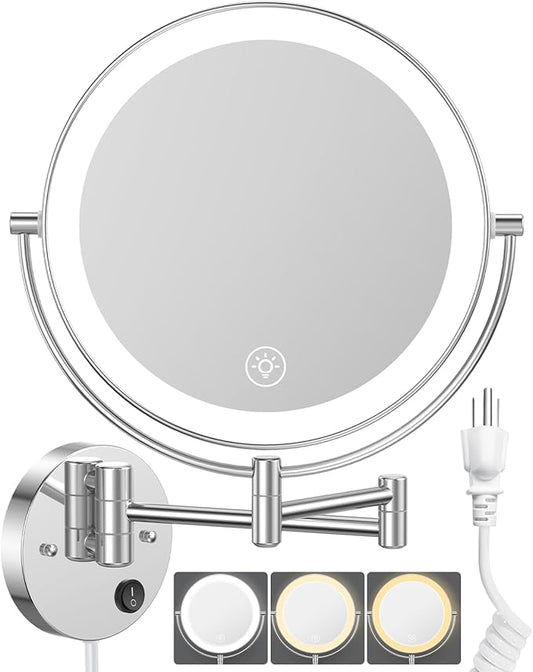 Benbilry 9" Large Wall Mounted Lighted Makeup Mirror, 1X/10X Magnifying Double-Sided AC Powered Bathroom Mirror with 3 Color Lights, Touch Dimmable, Extended Arm 360 Rotation