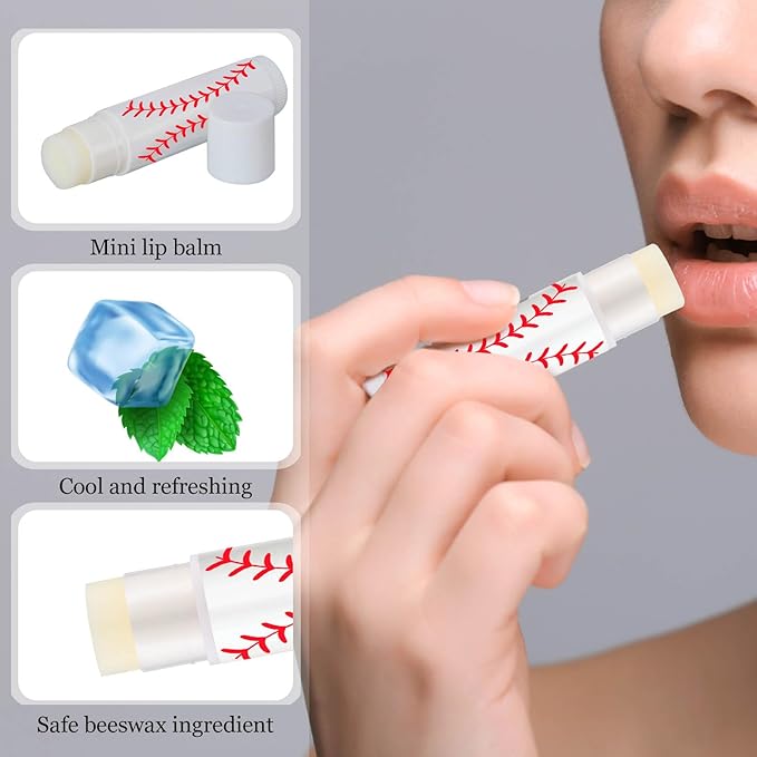 18 Sets Party Favors Lip Balm and Lipstick Holder Keychain Bulk Sport Ball Team Gifts Natural Moisturizing Lip Balm Keychains Pouch for Team Gifts Sports Party Supplies(Baseball)
