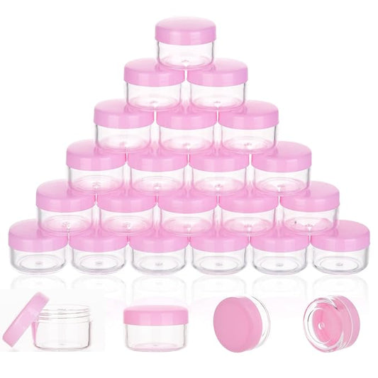 ZEJIA 5 Gram Sample Containers with Lids, Mini Makeup Containers, Empty Plastic Travel Cosmetic Containers with Labels(25 Count, Pink Lid)