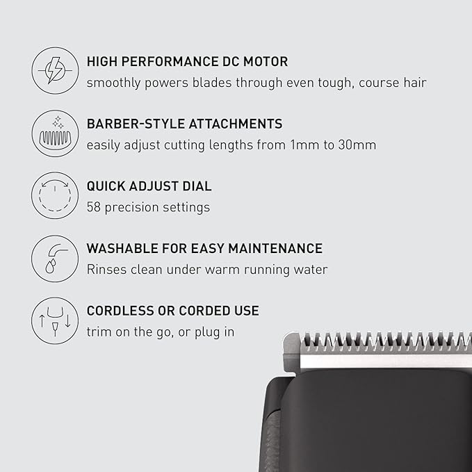 Panasonic Long Beard Trimmer for Men, 58 Length Settings and 4 Attachments for Cutting and Detailing, Cordless or Corded Operation – ER-GB96-K (Black)