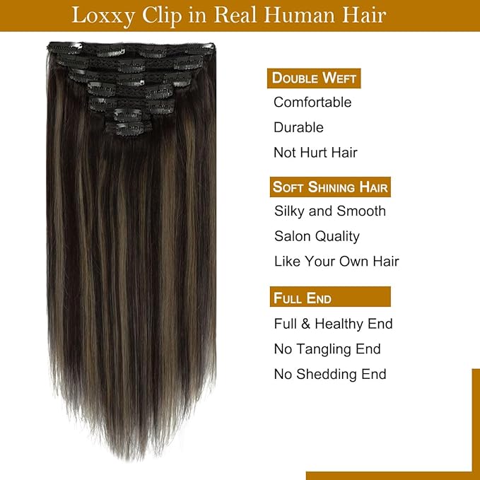Loxxy Straight Clip in Hair Extensions Real Human Hair for Black Woman 16Inch Omber Natural Black Ombre To Chestnut Brown Natural Hair Extensions Clip ins R1B-1B/6A 120g 7pcs 16clips