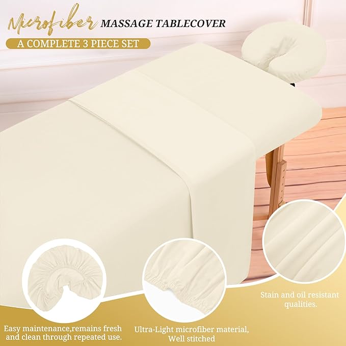 Set of 6 Massage Table Sheets Sets 3 Piece Set Includes Massage Table Cover, Massage Fitted Sheets and Massage Face Rest Cover, Massage Sheets Sets for Beauty Salon and Home Spa (Beige)