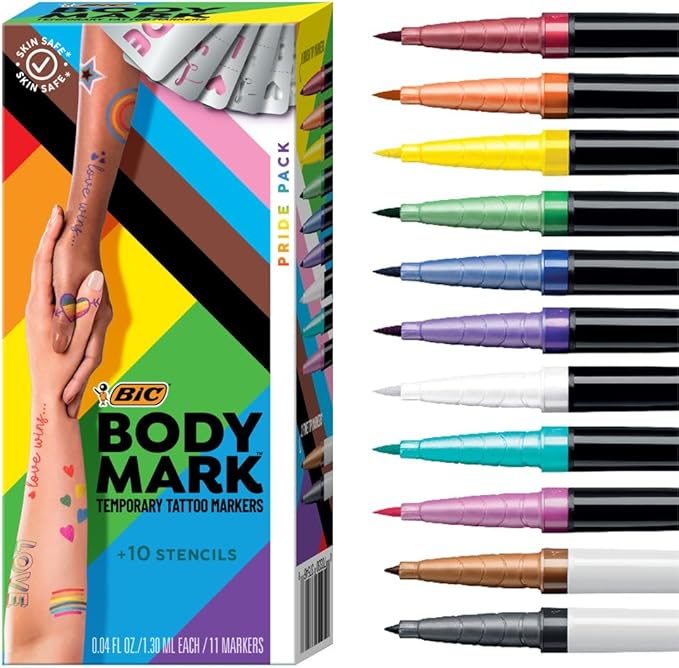 BODYMARK BIC Temporary Tattoo Markers for Skin, Pride Pack, Flexible Brush Tip, 11-Count Pack of Assorted Colors, Skin-Safe, Cosmetic Quality, Unique Gifts