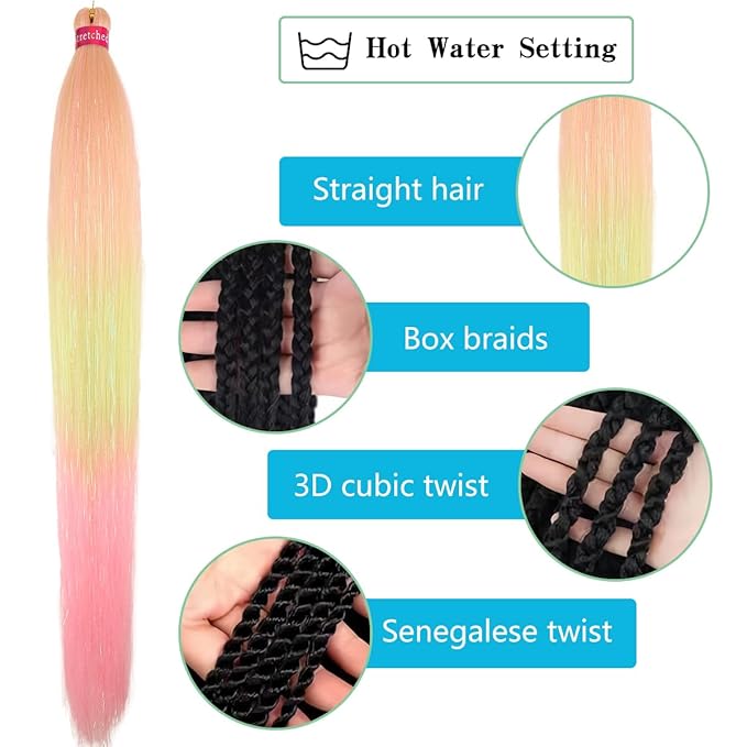 Upgraded Braiding Hair Extension Mix Tinsel, Pre Stretched Braiding Hair for Braiding Twist Braids Itch Free Hot Water Setting Yaki Straight Hair