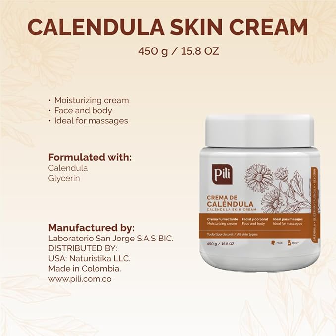 Pili Natural Calendula Cream – Hydrating Moisturizer for Dry, Rough, or Chapped Skin – Soothing Face, Hand & Body Cream – Crema de Caléndula with Beeswax & Glycerin – 15.8 oz
