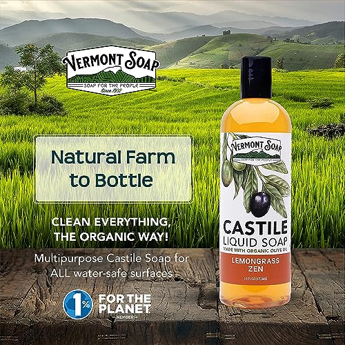 Vermont Castile Lemongrass Zen Soap, Gentle Liquid Soap for Sensitive Skin & Natural Body Wash, Organic Hair Shampoo for Oily Hair, Aloe Castile Soap for Men & Women - 16 Oz