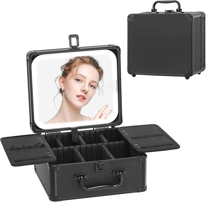 Leeora&Leekoo Makeup Box with LED Mirror & Aluminum Frame, Compact Multi-Layer Cosmetic Organizer - Portable ABS Travel Train Case for Makeup Storage(Gift for Girlfriend/Daughter) (Black)