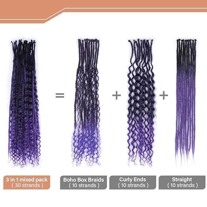 24 Inch 30 Strands SE Dreadlock Extensions Sets，3 In 1 Mixed Synthetic Dreads Extensions, Ombre Purple Straight&Curly&Boho Handmade Dreads Hippie Style Dreadlocks for Woman