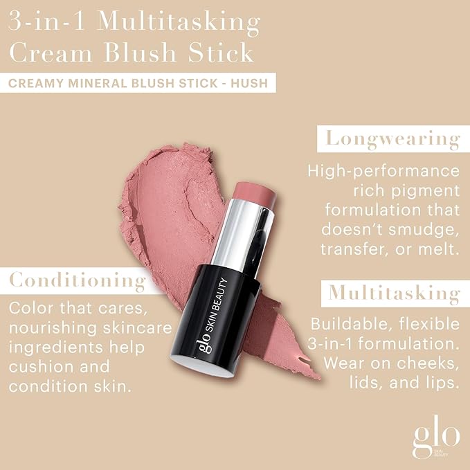 Glo Skin Beauty Cream Blush Stick (Hush) | 3-in-1 Multitasking Long-Wear Cheek, Lips + Lids Stick | Packed with Skincare Benefits