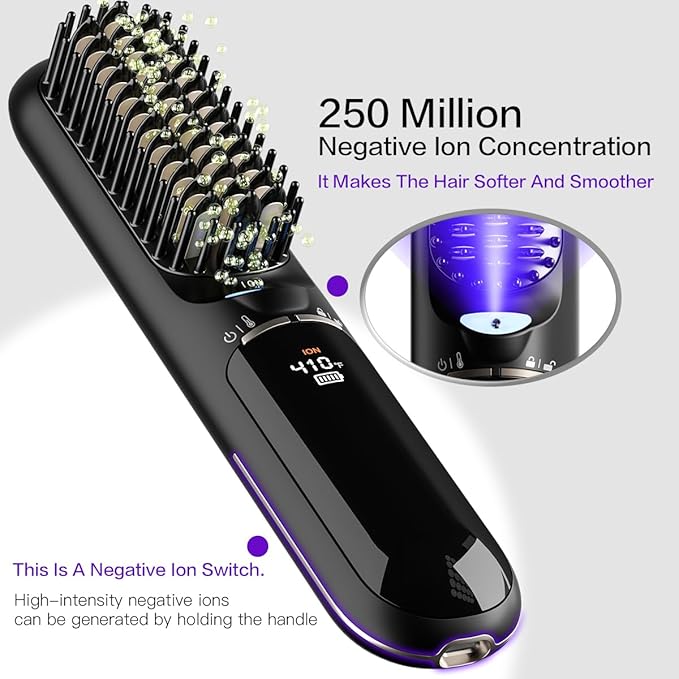 Travel Hair Straightener, Portable Cordless Hair Straightening Brush, Safety Lock, 300 Million Negative Ions for Hair Care, 30 Seconds Heating, Lightweight Mini Heated Comb, Gift for Women