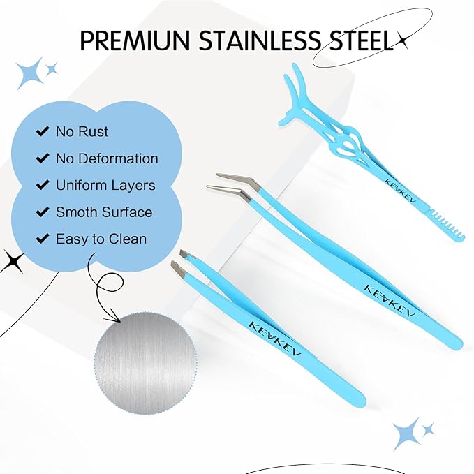 KevKev Lash Tweezers & Applicator Set - 3 in 1 Lash Extension Tool with Brush for False Lashes