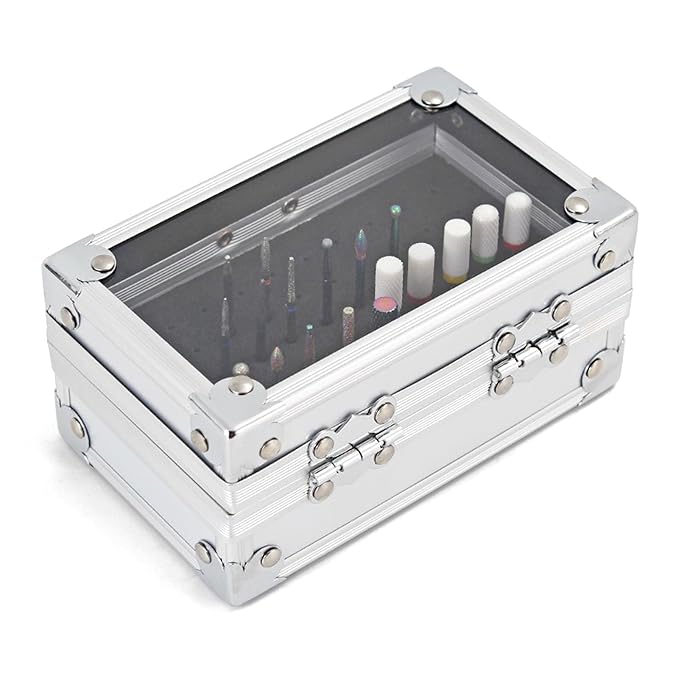 Nail Drill Bit Holder Storage Box, Multi Hole Nail Drill Bits Stand Displayer with Transparent Flip Cover, Nail Bits Organizers Container (Silver)
