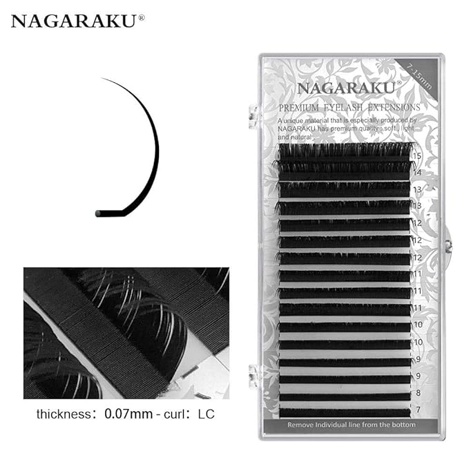 NAGARAKU Eyelash Extension Individual Lashes 0.10 L curl 7-15mm Mix Tray Classic Faux Mink 16 rows Matte Black Soft Natural