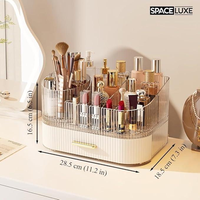 Makeup Organizer with Drawers and 360° Rotating Brush Holder, Large Capacity Cosmetic Storage for Vanity, Skincare, Perfume, Hair Accessories, Lipstick & Jewelry (Cream White, 2-layer)